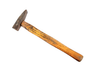Old rusty hammer with wooden handle isolated on white background