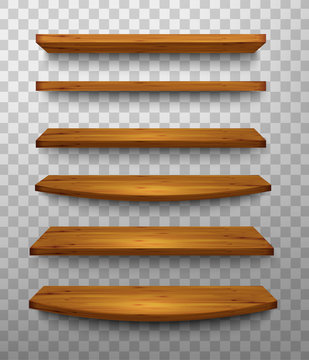 Set of wooden shelves on a transparent background. Vector.