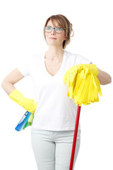 Ready for cleaning. Housekeeper standing against white background.