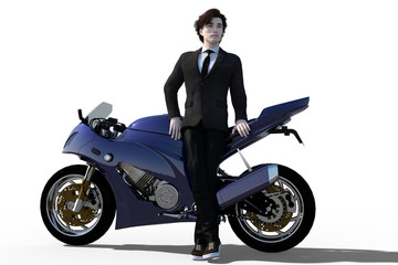 Fototapeta na wymiar Stylish handsome biker waiting someone leaning on modern blue motorcycle. 3d render.