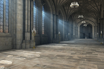 Gorgeous view of gothic cathedral interior 3d CG illustration - obrazy, fototapety, plakaty