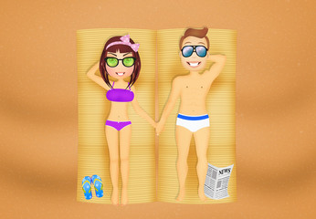 man and woman sunbathing holding hands