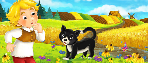 Fototapeta na wymiar Cartoon scene - peasant and a cat on the meadow having fun - illustration for children