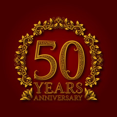 Golden emblem of fiftieth years anniversary. Celebration patterned logotype with shadow on red.
