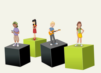 Obraz premium 3d cubes with cartoon teenagers. Infographic design. 