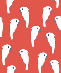 Seamless pattern with white cockatoo birds on red background