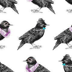 seamless pattern with dressed up starling