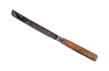 Long old rusty knife with wooden handle isolated on white backgr