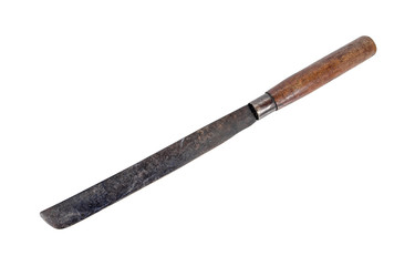 Long rusty old knife with wooden handle isolated on white backgr