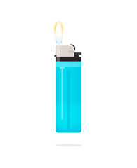 Blue lighter with flame vector icon isolated on white bakcgruond