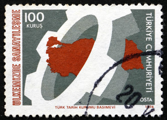 Postage stamp Turkey 1974 Cogwheel and Map of Turkey
