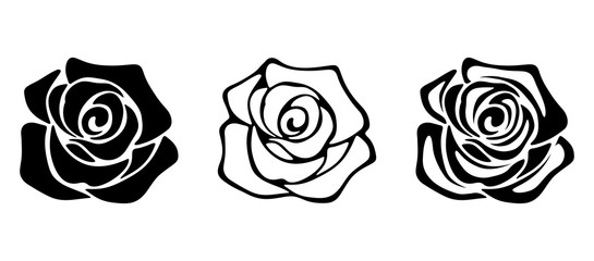 Set of three vector black silhouettes of rose flowers isolated on a white background. - obrazy, fototapety, plakaty
