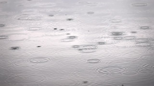 Slow motion closeup shot of light rain on the water surface. Beautiful nature scene with meditative and hypnotic effect. Shallow dof. Full HD footage 1920x1080
