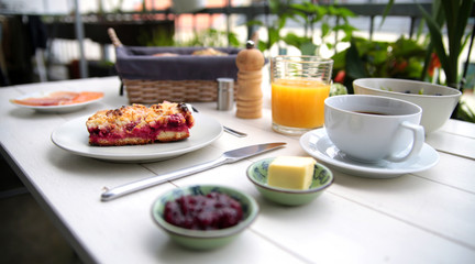 delicate breakfast at a white table