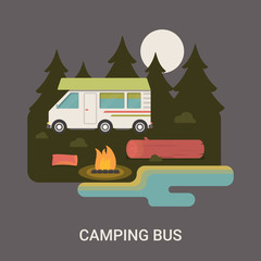 Camping bus camp logo flyer brochure vector flat illustration