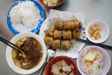 Bun cha, grilled pork rice noodles and herbs, vietnamese cuisine. Us President, Obama used to try this food in Ha Noi when visiting Vietnamese Capital in 2016.