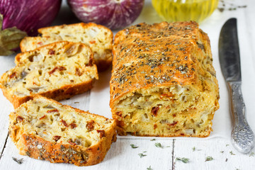 Italian snack cake with eggplant dried tomatoes and thyme