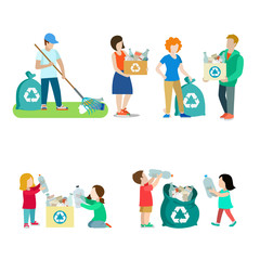 Fototapeta premium Family life recycling creative vector icon set. People collect plastic paper box bag illustration