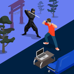Isometric 3d flat style ninja fight screen vector illustration © Sentavio