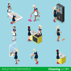 Sexy female housemaid maid cleaner flat 3d isometric vector