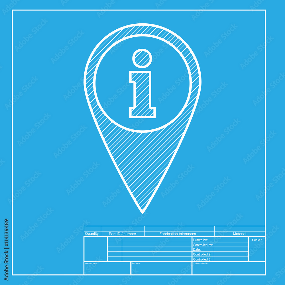 Aufkleber map pointer with information sign. white section of icon on blueprint template.