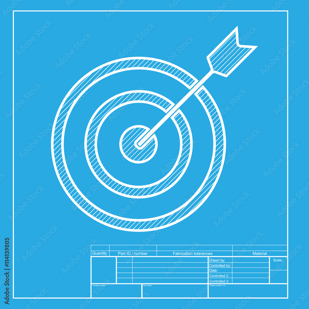 Aufkleber target with dart. white section of icon on blueprint template.