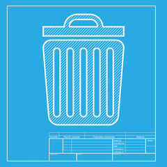 Trash sign illustration. White section of icon on blueprint template.