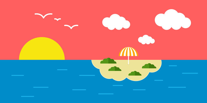 Sunset simple vector holiday background with ocean and island.