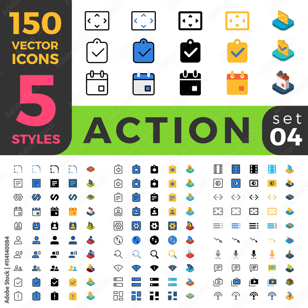 Poster action settings 150 line flat isometric mobile web site icon set