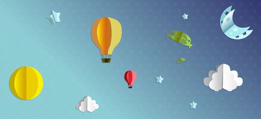 Naklejka premium 3d paper flying objects - balloons, UFO, clouds, sun, moon and stars