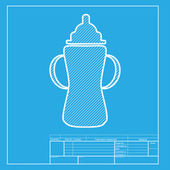 Baby bottle sign. White section of icon on blueprint template.