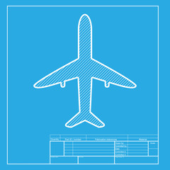 Airplane sign illustration. White section of icon on blueprint template.