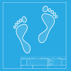Foot prints sign. White section of icon on blueprint template.