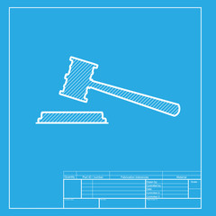 Justice hammer sign. White section of icon on blueprint template.