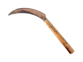 Vintage old rusty metal sickle with wooden handle isolated on wh