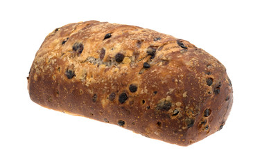 Blueberry streusel bread loaf on a white background.