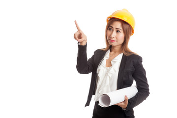 Asian engineer woman pointing with blueprints