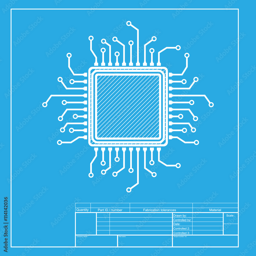Poster cpu microprocessor illustration. white section of icon on blueprint template.