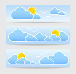 Weather clouds sun and birds banners.