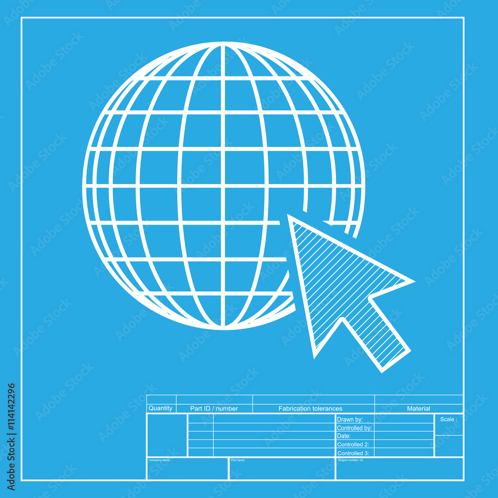 Poster earth globe with cursor. white section of icon on blueprint template.