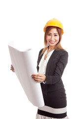 Asian engineer woman with blueprints