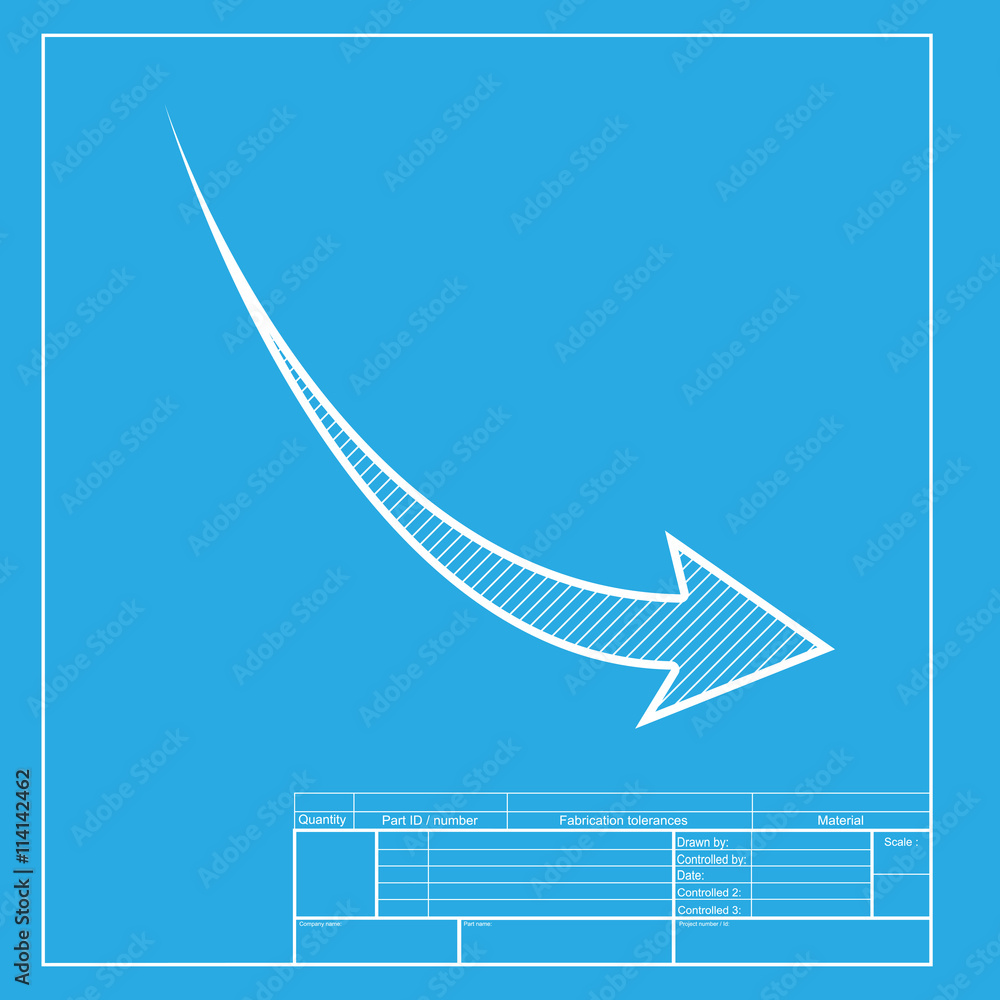 Aufkleber declining arrow sign. white section of icon on blueprint template.