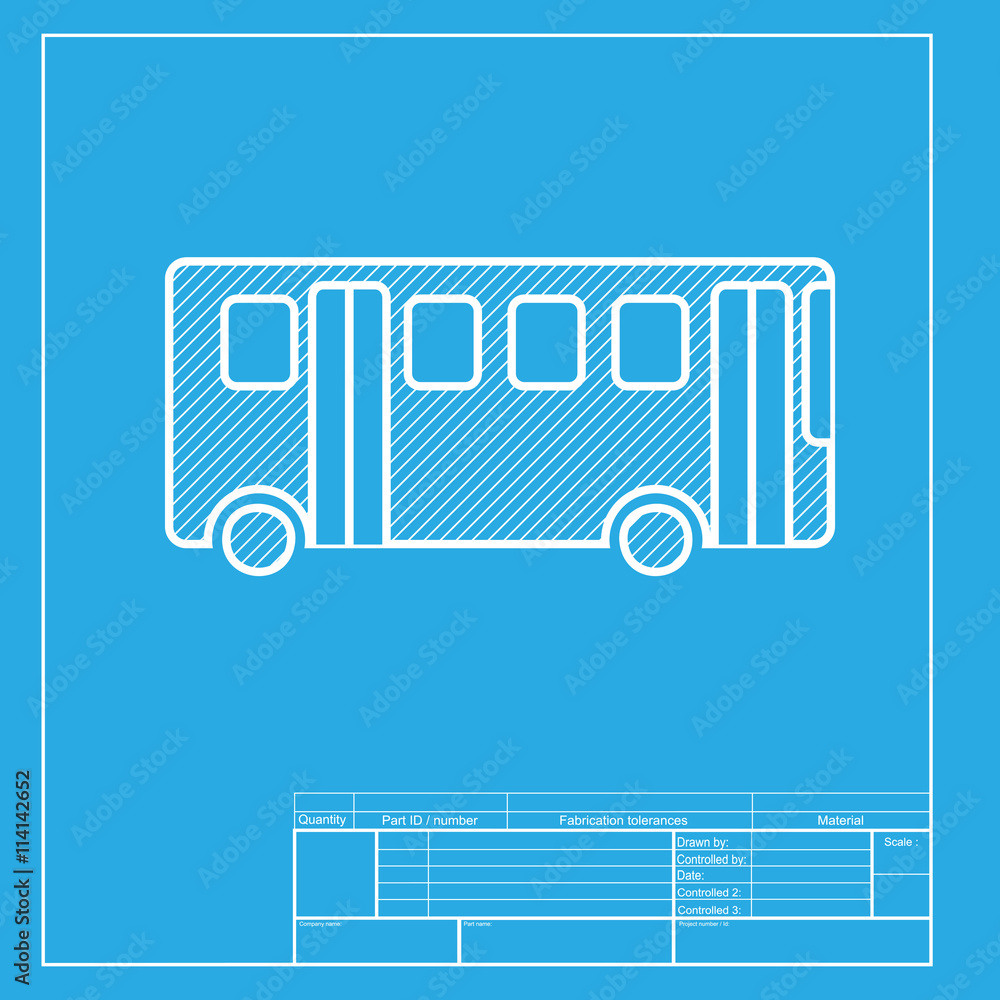 Poster bus simple sign. white section of icon on blueprint template.