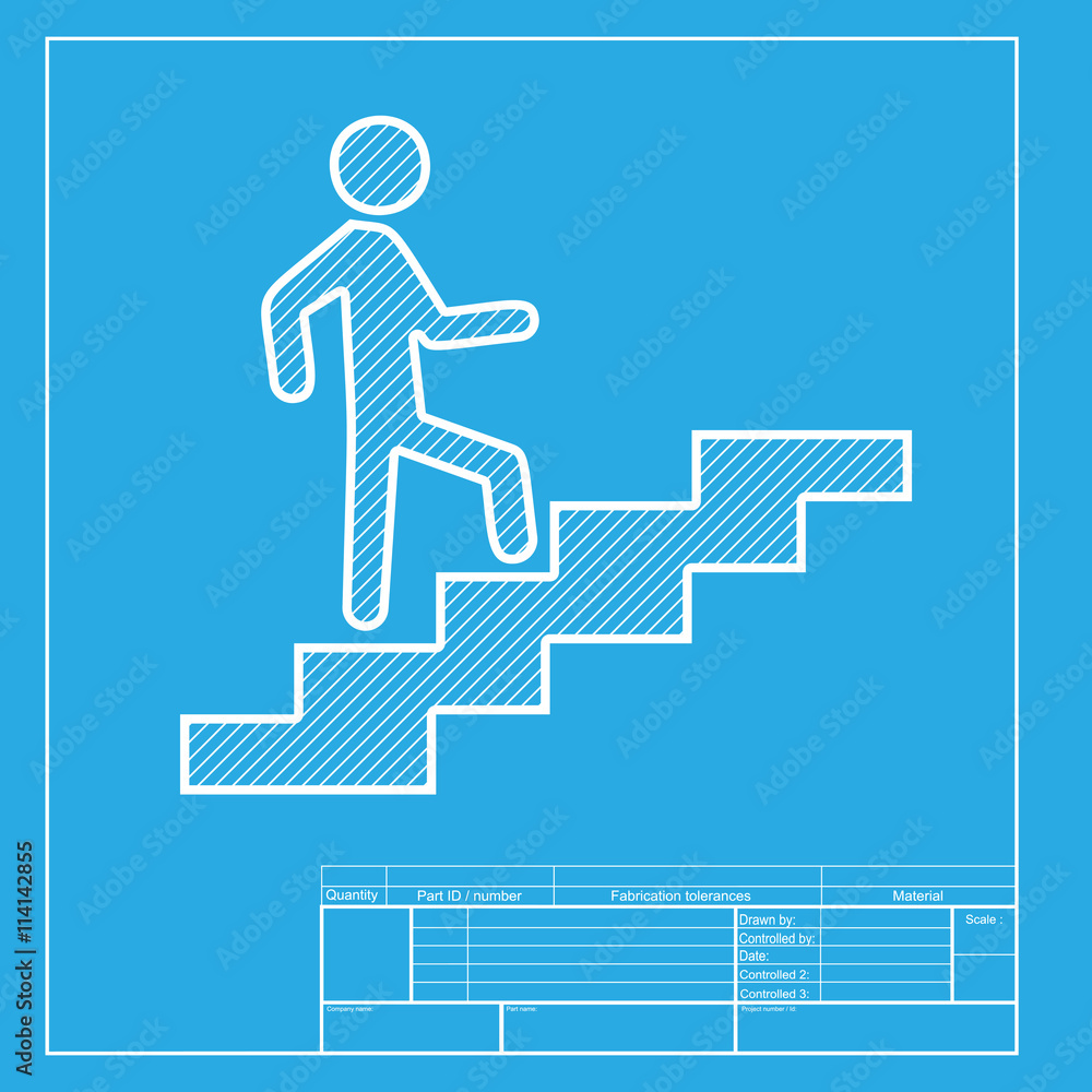 Poster man on stairs going up. white section of icon on blueprint template.