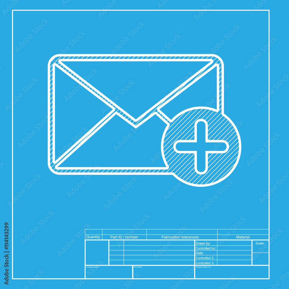 Poster mail sign illustration with add mark. white section of icon on blueprint template.