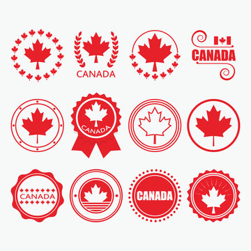 Red Canada flags emblems, stamps and design elements set