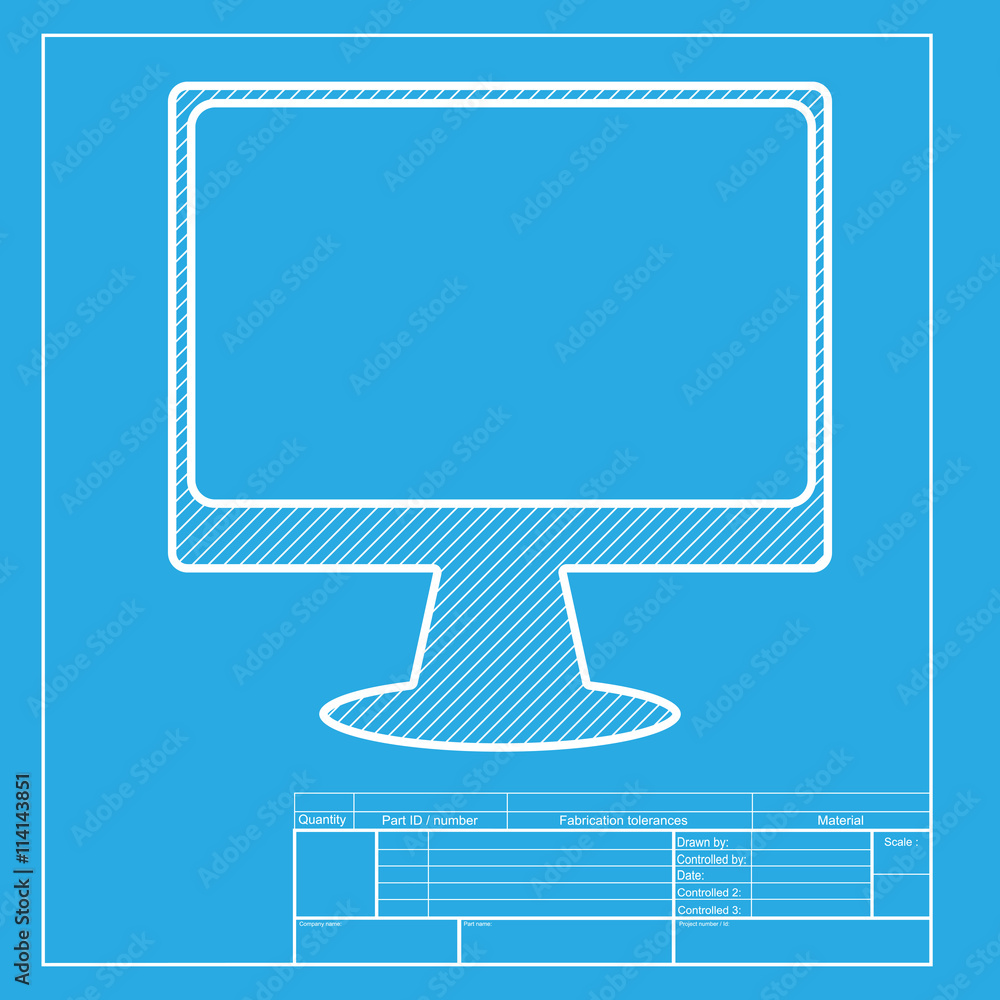 Poster monitor with brush sign. white section of icon on blueprint template.