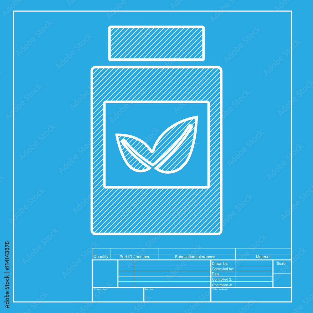 Poster supplements container sign. white section of icon on blueprint template.
