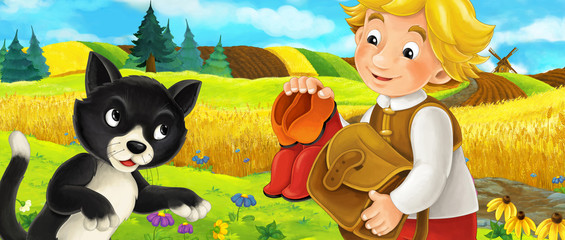 Cartoon scene of cat and a boy on the farm field - boy is giving a gift to a cat - illustration for children
