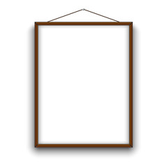 Obraz premium Empty A4 sized vector paper wooden frame mockup hanging with rope. Illustration mockup